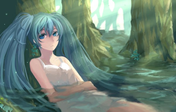 Anime picture 1555x1000 with vocaloid hatsune miku lan (artist) single long hair looking at viewer fringe twintails bare shoulders aqua eyes aqua hair crossed arms girl plant (plants) tree (trees) water sundress