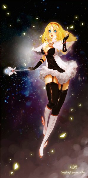 Anime picture 508x1024 with league of legends lux (league of legends) songjikyo single long hair tall image blush breasts open mouth blue eyes blonde hair smile large breasts girl thighhighs gloves black thighhighs garter straps staff