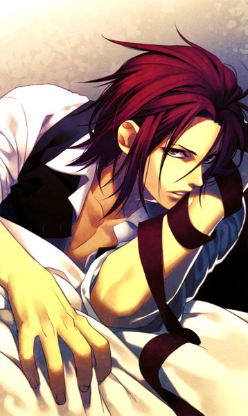 Anime picture 3217x5391 with hakuouki shinsengumi kitan studio deen sanosuke harada single tall image looking at viewer highres open mouth brown eyes absurdres red hair scan open clothes open shirt on stomach boy ribbon (ribbons) shirt vest