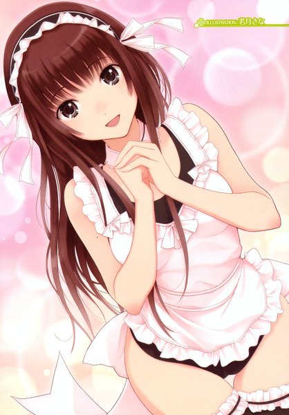 Anime picture 1115x1600 with amagami kamizaki risa wakatsuki sana single long hair tall image open mouth smile brown hair brown eyes scan maid hands clasped girl thighhighs bow headdress maid headdress apron collar