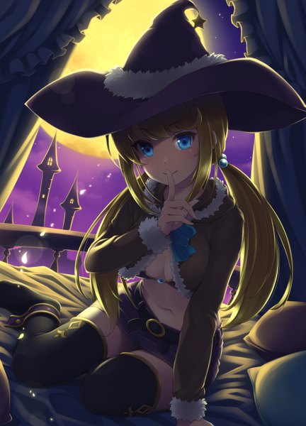 Anime picture 980x1360 with original sasaame single long hair tall image looking at viewer blue eyes light erotic blonde hair twintails night finger to mouth girl thighhighs skirt navel black thighhighs hat miniskirt bed