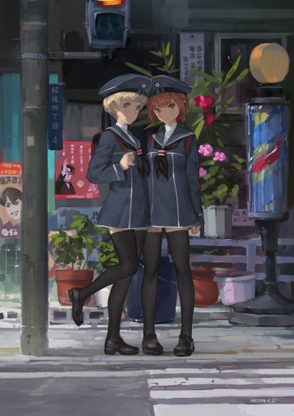 Anime picture 909x1286 with kantai collection z3 destroyer (max schultz) z1 destroyer (leberecht maass) hjl tall image looking at viewer blush short hair blonde hair brown hair multiple girls brown eyes signed grey eyes street girl thighhighs dress flower (flowers) black thighhighs