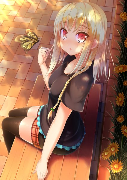Anime picture 1000x1414 with touhou kirisame marisa netarou single long hair tall image looking at viewer blush blonde hair red eyes sitting braid (braids) girl thighhighs dress flower (flowers) black thighhighs insect butterfly bench