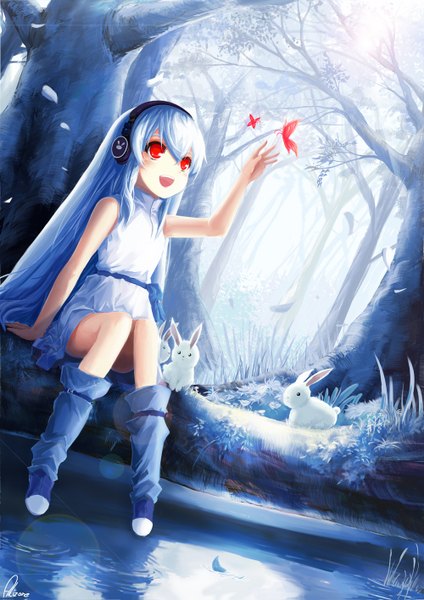 Anime picture 1000x1415 with original akizone long hair tall image open mouth red eyes signed white hair girl plant (plants) tree (trees) water headphones leaf (leaves) insect butterfly forest bunny