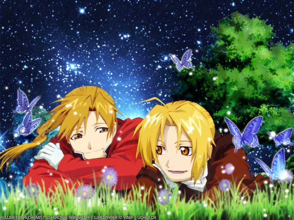 Anime picture 1280x960 with fullmetal alchemist studio bones edward elric alphonse elric long hair fringe open mouth blonde hair smile brown eyes multiple boys night sky boy gloves flower (flowers) plant (plants) insect butterfly star (stars) 2 boys