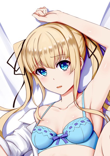 Anime picture 891x1260 with saenai heroine no sodatekata a-1 pictures sawamura spencer eriri fedsnk single long hair tall image looking at viewer blush fringe blue eyes light erotic blonde hair twintails upper body lying parted lips arms up armpit (armpits) on back