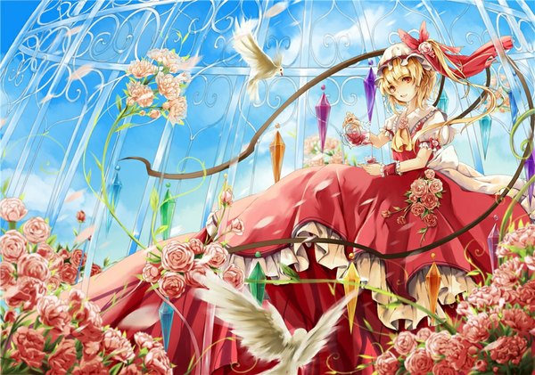 Anime picture 1000x703 with touhou flandre scarlet jellyfishome single short hair blonde hair red eyes girl dress flower (flowers) animal bird (birds)