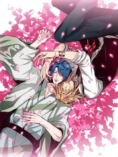 Anime picture 756x1000 with uta no prince-sama a-1 pictures jinguji ren hijirikawa masato long hair tall image short hair blue eyes blonde hair blue hair bent knee (knees) lying eyes closed traditional clothes japanese clothes multiple boys hug on side sleeping face to face