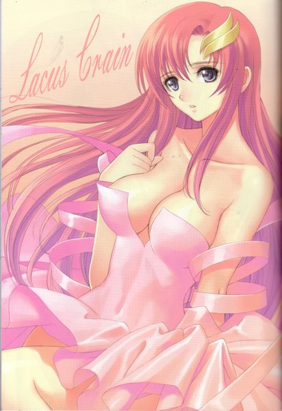 Anime picture 1046x1522 with mobile suit gundam gundam seed destiny sunrise (studio) lacus clyne tony taka single long hair tall image looking at viewer breasts light erotic bare shoulders pink hair cleavage inscription girl dress hair ornament hairclip
