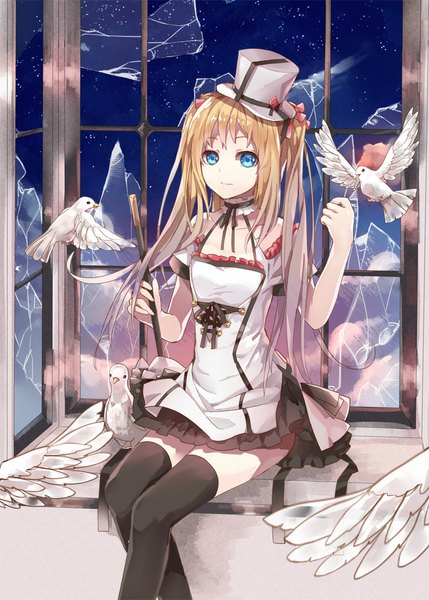 Anime picture 644x900 with original fre long hair tall image fringe blue eyes blonde hair smile sitting twintails cloud (clouds) bent knee (knees) night zettai ryouiki night sky flying white wings girl thighhighs ribbon (ribbons)