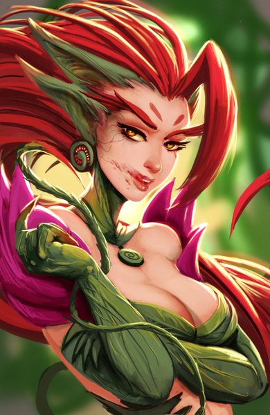 Anime picture 800x1231 with league of legends zyra (league of legends) carlos eduardo single long hair tall image looking at viewer light erotic red hair lips orange eyes girl tongue blood