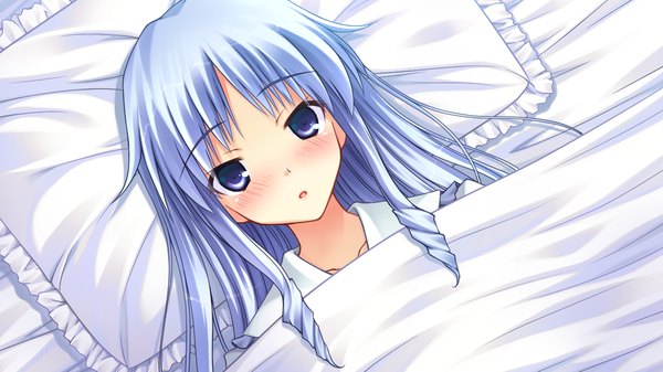 Anime picture 1280x720 with himitsu no otome single long hair blush blue eyes wide image blue hair game cg lying girl