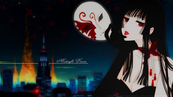 Anime picture 1600x900 with xxxholic clamp ichihara yuuko single long hair black hair red eyes wide image lips night city girl gloves elbow gloves insect butterfly mask