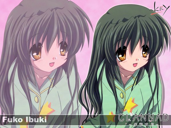 Anime picture 1600x1200 with clannad key (studio) ibuki fuuko single long hair open mouth brown eyes looking away :d green hair copyright name character names zoom layer girl star (symbol) pajamas