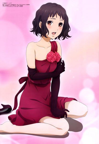 Anime picture 4083x5932 with sekkou boys megami magazine single tall image blush highres short hair open mouth black hair bare shoulders brown eyes absurdres official art girl dress gloves flower (flowers) elbow gloves