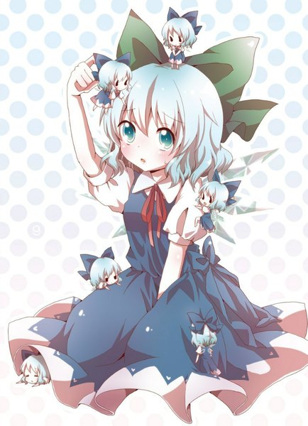 Anime picture 741x1024 with touhou cirno kuromame (8gou) tall image blush short hair open mouth blue eyes chibi polka dot polka dot background covering crotch girl dress bow hair bow wings frills necklace ice