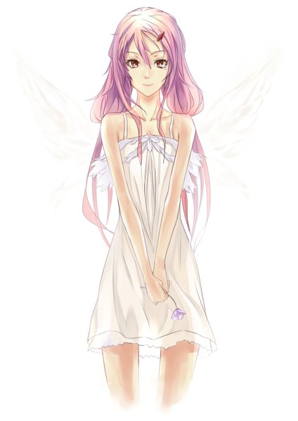 Anime picture 2480x3507 with guilty crown production i.g yuzuriha inori phantania single long hair tall image highres simple background smile red eyes standing white background bare shoulders pink hair angel wings angel girl dress hair ornament