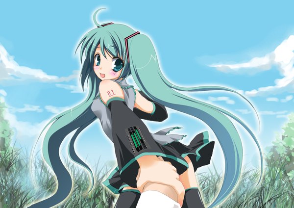 Anime picture 7015x4960 with vocaloid hatsune miku highres twintails green eyes absurdres ahoge green hair loli girl skirt detached sleeves miniskirt