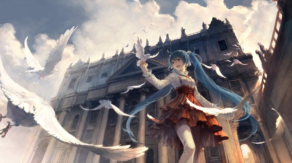 Anime picture 1200x671 with vocaloid hatsune miku silverwing single long hair open mouth blue eyes wide image twintails blue hair sky cloud (clouds) ahoge street flock girl thighhighs ribbon (ribbons) hair ribbon animal