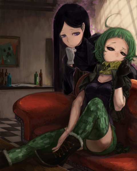 Anime picture 2000x2500 with minecraft creeper enderman toro3 (id-32180173) long hair tall image highres short hair black hair sitting purple eyes multiple girls looking away green hair multicolored eyes sad personification girl thighhighs dress