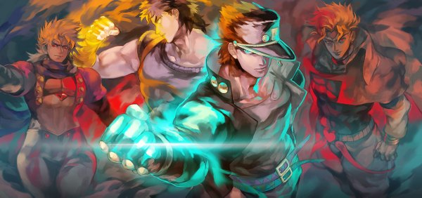 Anime picture 1200x565 with jojo no kimyou na bouken kujo jotaro dio brando jonathan joestar star platinum oburaato short hair blue eyes black hair blonde hair red eyes wide image yellow eyes profile from above multiple boys glowing muscle dual persona stand (jojo)