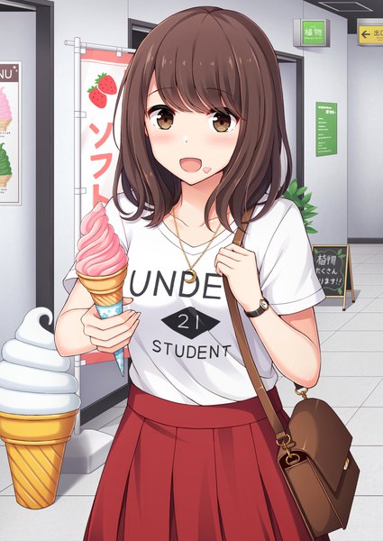 Anime picture 752x1062 with original nakamura sumikage single long hair tall image looking at viewer blush fringe open mouth hair between eyes brown hair brown eyes indoors :d text english clothes writing food on face girl skirt
