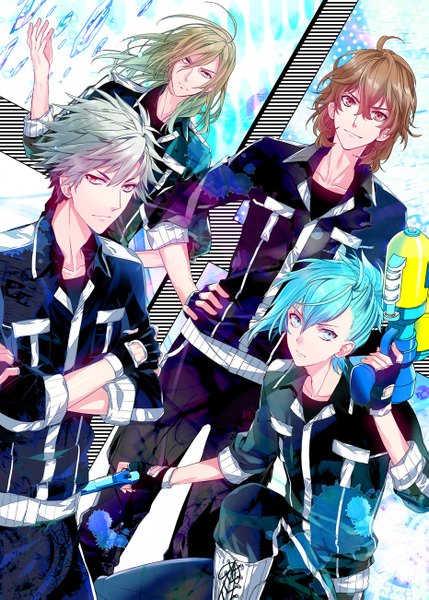 Anime picture 931x1301 with uta no prince-sama a-1 pictures mikaze ai kurosaki ranmaru kotobuki reiji camus roa huduki (artist) long hair tall image looking at viewer short hair blonde hair red eyes brown hair brown eyes silver hair bent knee (knees) aqua eyes grey hair aqua hair