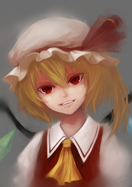 Anime picture 2480x3507 with touhou flandre scarlet sola7764 tall image highres short hair blonde hair red eyes teeth fang (fangs) girl dress wings bonnet
