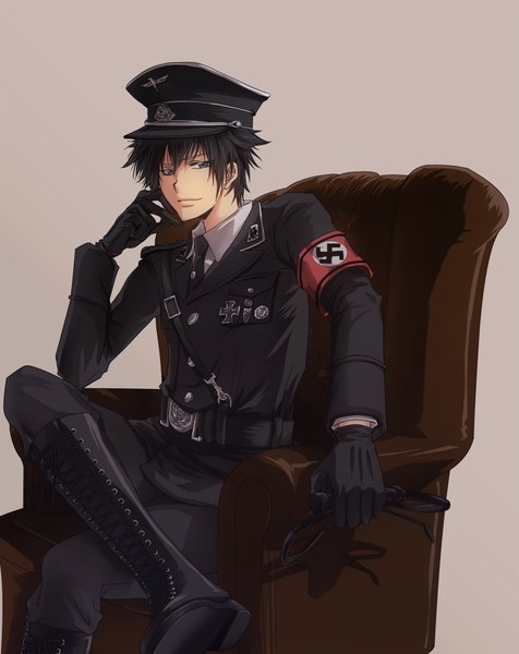 Anime picture 1600x2018 with katekyou hitman reborn hibari kyouya haruka (pixiv) single tall image short hair blue eyes black hair simple background sitting light smile alternate costume brown background alternate age nazi boy gloves necktie belt knee boots