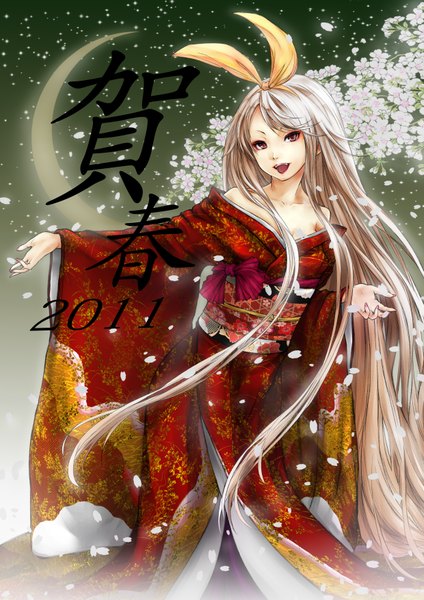 Anime picture 2480x3507 with original t@kumi single long hair tall image highres open mouth red eyes white hair cherry blossoms hieroglyph girl bow hair bow petals tongue yukata