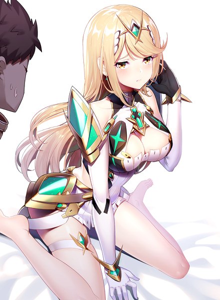 Anime picture 882x1200 with xenoblade xenoblade 2 mythra (xenoblade) ririko (zhuoyandesailaer) long hair tall image looking at viewer blush fringe breasts light erotic simple background blonde hair brown hair white background sitting yellow eyes payot cleavage full body
