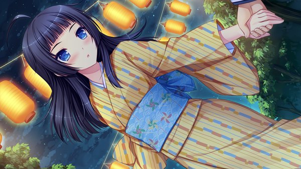 Anime picture 1280x720 with sengoku hime 4 long hair blush blue eyes black hair wide image game cg japanese clothes holding hands girl kimono obi lantern