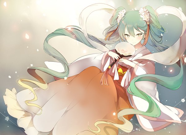 Anime picture 1123x818 with vocaloid hatsune miku chuushuu meigetsu miku lpip single looking at viewer blush fringe blonde hair smile hair between eyes twintails holding very long hair traditional clothes hair flower aqua eyes aqua hair dutch angle chinese clothes