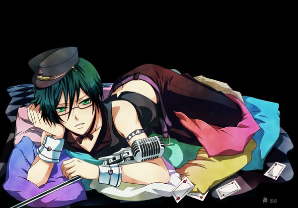 Anime picture 1181x827 with kuro-mai single short hair open mouth simple background green eyes lying green hair black background checkered floor girl glasses bracelet belt bowtie pillow wrist cuffs vest microphone peaked cap