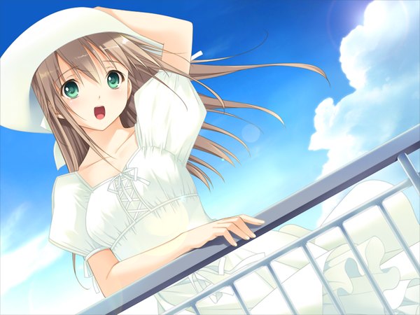 Anime picture 1024x768 with fluorite memories long hair open mouth brown hair green eyes game cg girl hat sundress
