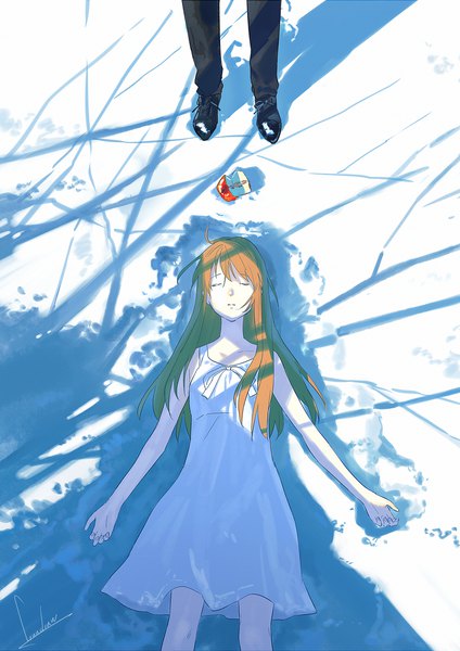 Anime picture 1447x2047 with original loundraw long hair tall image brown hair signed lying eyes closed from above shadow on back solo focus snow head out of frame girl dress boy white dress fruit apple