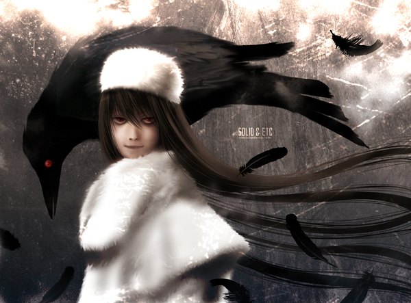 Anime picture 1038x768 with long hair red eyes brown hair girl hat animal bird (birds) feather (feathers) crow
