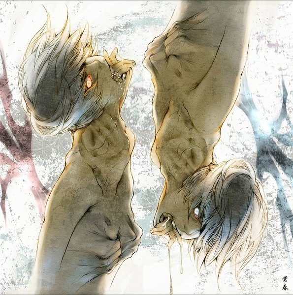 Anime picture 1155x1165 with original zarame tokoharu tall image short hair open mouth simple background red eyes signed grey hair saliva twins white eyes shirtless vein (veins) horror boy wings hands