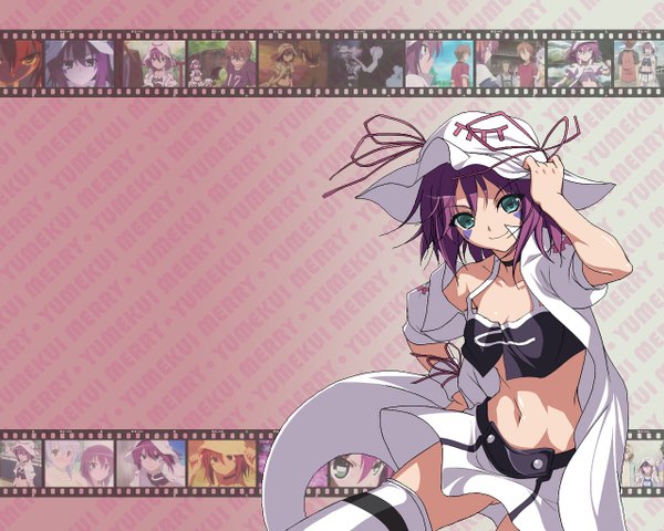 Anime picture 1280x1024 with yumekui merry merry nightmare looker (artist) single short hair smile green eyes purple hair midriff skirt lift girl thighhighs skirt navel ribbon (ribbons) hat