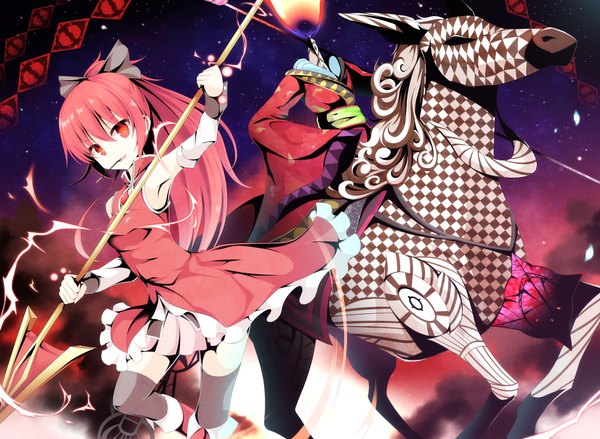 Anime picture 2030x1488 with mahou shoujo madoka magica shaft (studio) sakura kyouko ophelia (madoka magica) aibumi long hair looking at viewer highres ponytail red hair night dutch angle night sky checkered magical girl girl thighhighs skirt bow weapon