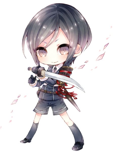 Anime picture 1000x1340 with touken ranbu nitroplus yagen toushirou niwako single tall image looking at viewer blush short hair black hair simple background smile white background purple eyes chibi boy gloves weapon petals sword