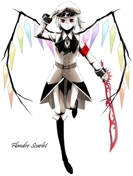 Anime picture 1088x1443 with touhou flandre scarlet bisuke (k step2009) single tall image fringe short hair simple background smile red eyes standing white background girl weapon hat sword wings boots belt thigh boots