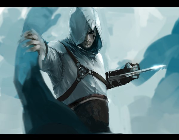 Anime picture 1000x787 with assassin's creed (game) altair ibn la-ahad roco64 holding lips fighting stance glow face paint blue skin assassin boy weapon hood