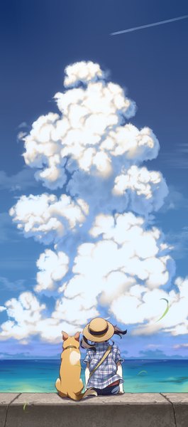 Anime picture 664x1500 with original aoi sora (pairan) pairan long hair tall image brown hair sitting twintails sky cloud (clouds) wind from behind short sleeves back short twintails girl hat animal shirt sea