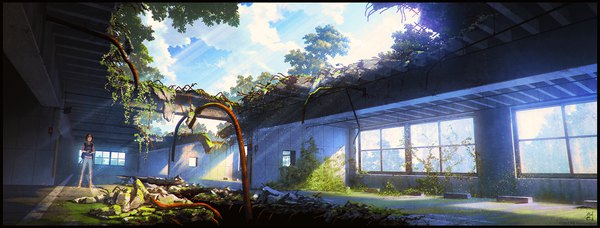 Anime picture 1700x646 with original mocha (cotton) single short hair black hair wide image standing holding sky full body sunlight looking up abandoned girl plant (plants) tree (trees) window pants backpack camera