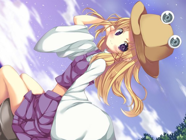 Anime picture 1062x800 with touhou moriya suwako snowcanvas single long hair blonde hair purple eyes cloud (clouds) girl dress skirt hat skirt set