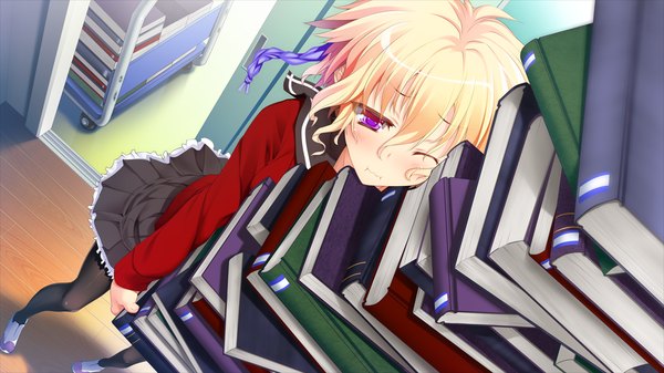 Anime picture 1280x720 with taisetsu na kimi no tame ni, boku ni dekiru ichiban no koto short hair blonde hair wide image purple eyes game cg girl book (books)