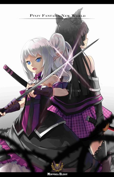 Anime picture 2014x3110 with original pixiv fantasia pixiv fantasia new world maus long hair tall image highres short hair blue eyes black hair multiple girls looking away silver hair looking back pointy ears girl uniform weapon 2 girls school uniform