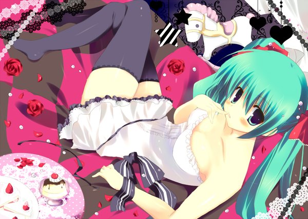 Anime picture 1600x1139 with vocaloid world is mine (vocaloid) hatsune miku kinoko single long hair light erotic twintails aqua eyes aqua hair finger to mouth girl thighhighs flower (flowers) petals food sweets cake