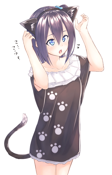 Anime picture 770x1200 with original suzunari shizuku yuki arare single long hair tall image blush open mouth blue eyes black hair standing white background animal ears tail animal tail cat ears cat girl cat tail one side up fake animal ears